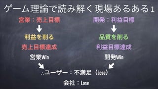 ゲーム理論で読み解く現場あるある 1
営業：売上目標 
 
利益を削る 
売上目標達成 
営業Win
開発：利益目標 
 
品質を削る 
利益目標達成 
開発Win
∴ユーザー：不満足（Lose） 
会社：Lose
 