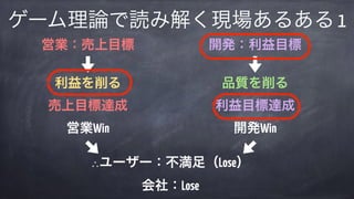 ゲーム理論で読み解く現場あるある 1
営業：売上目標 
 
利益を削る 
売上目標達成 
営業Win
開発：利益目標 
 
品質を削る 
利益目標達成 
開発Win
∴ユーザー：不満足（Lose） 
会社：Lose
 