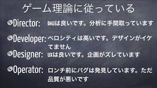 Director:
Developer:
Designer:
Operator:
ゲーム理論に従っている
DAUは良いです。分析に手間取っています
ベロシティは高いです。デザインがイケ
てません
UXは良いです。企画がズレています
ロンチ前にバグは発見しています。ただ
品質が悪いです
 