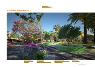 DESIGN DEVELOPMENT RENDER
13Prepared for the City of Stonnington
by rushwright associates
CONCRETE PLANTER SEAT
CLAD IN PAINTED STEEL
OR PAINTED GLASS REINFORCED CONCRETE (GRC)
EXISTING WATER FEATURE
WITH STAINLESS STEEL GRATES
TO BE RETAINED
GRATTAN GARDENS FORECOURT
GRANITE SETTS IN 3 NEUTRAL GREY TONE COLOURS
IN WOVEN PAVING PATTERN
GLAZED BRICK WALL
WITH BULLNOSE PROFILE
CATENARY POLE WITH
RIGGING FOR FUNCTIONAL LIGHTING
AND EVENT INFRASTRUCTURE
 