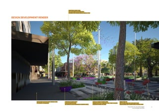 DESIGN DEVELOPMENT RENDER
15Prepared for the City of Stonnington
by rushwright associates
WSUD TREE PIT
WITH FLUSH KERB FOR OVERLAND FLOW
AND INTERMITTENT RAISED KERB AS WHEEL STOP
BLUESTONE FOOTPATH AND TRADING ZONE
TO COUNCIL STANDARDS
PROPOSED STREET TREE
IN FLUSH KERB OUTSTAND WITH
INTERMITTENT RAISED KERB AS WHEEL STOP
CONCRETE PLANTER SEAT
CLAD IN PAINTED STEEL
OR PAINTED GLASS REINFORCED CONCRETE (GRC)
GREVILLE STREET SHARED ZONE
GRANITE SETTS IN 3 NEUTRAL GREY TONE COLOURS
IN WOVEN PAVING PATTERN
 