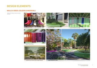 23Prepared for the City of Stonnington
by rushwright associates
WALLS  EDGES: COLOURS  MATERIALS
DESIGN ELEMENTS
Patterns for Grattan Gardens and park
forecourt
•	 design development render
•	 funky colour boots •	 glazed brick walls •	 glazed brick detail coursing
•	 range of funky colours
•	 compliment and contrast with heritage elements
 