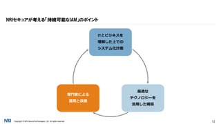 Copyright © NRI SecureTechnologies, Ltd. All rights reserved. 12
NRIセキュアが考える「持続可能なIAM」のポイント
ITとビジネスを
理解した上での
システム化計画
最適な
テクノロジーを
活用した構築
専門家による
運用と改善
 