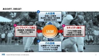 Copyright © NRI SecureTechnologies, Ltd. All rights reserved. 1
あらためて、IAMとは?
人の活用
・多様な人材登用
・拠点間人事統合/合従連衡
・関連業務の効率化
ITの活用
・企業間アイデンティティ連携
・タブレット、スマホ活用
・クラウドサービス活用
コンプライアンス強化
・金融監査/内部統制対応
・当局レスポンス強化
（eガバナンスetc.）
セキュリティ強化
・アクセス制御の実現
・ID統制×リスク管理
・管理達成度の説明責任
攻
攻
守守
テキストＩＡＭ
 