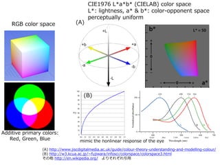 (A) http://www.jiscdigitalmedia.ac.uk/guide/colour-theory-understanding-and-modelling-colour/
(B) http://w3.kcua.ac.jp/~fujiwara/infosci/colorspace/colorspace3.html
 http://en.wikipedia.org/ ꤽ줾
CIE1976 L*a*b* (CIELAB) color space
L*: lightness, a* & b*: color-opponent space
perceptually uniform
RGB color space (A)
(B)
Additive primary colors:
Red, Green, Blue mimic the nonlinear response of the eye
 