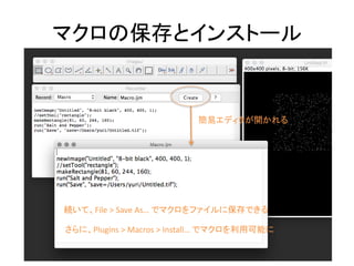 マクロの保存とインストール
簡易エディタが開かれる
続いて、File > Save As… でマクロをファイルに保存できる
さらに、Plugins > Macros > Install… でマクロを利用可能に
 