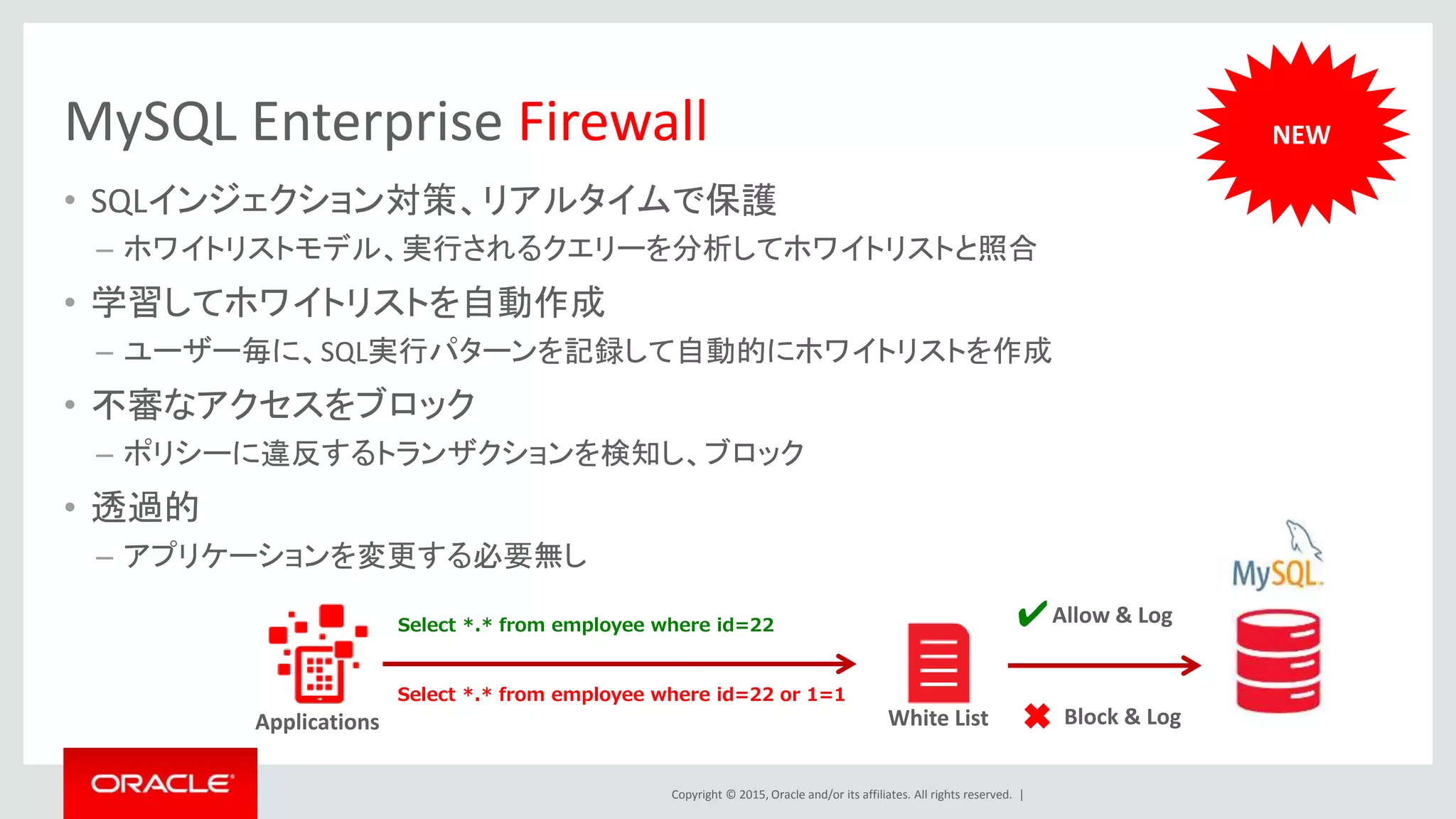 Copyright © 2015, Oracle and/or its affiliates. All rights reserved. |
MySQL Enterprise Firewall
• SQLインジェクション対策、リアルタイムで保護
– ホワイトリストモデル、実行されるクエリーを分析してホワイトリストと照合
• 学習してホワイトリストを自動作成
– ユーザー毎に、SQL実行パターンを記録して自動的にホワイトリストを作成
• 不審なアクセスをブロック
– ポリシーに違反するトランザクションを検知し、ブロック
• 透過的
– アプリケーションを変更する必要無し
NEW
Select *.* from employee where id=22
Select *.* from employee where id=22 or 1=1
Block & Log✖
Allow & Log✔
White ListApplications
 