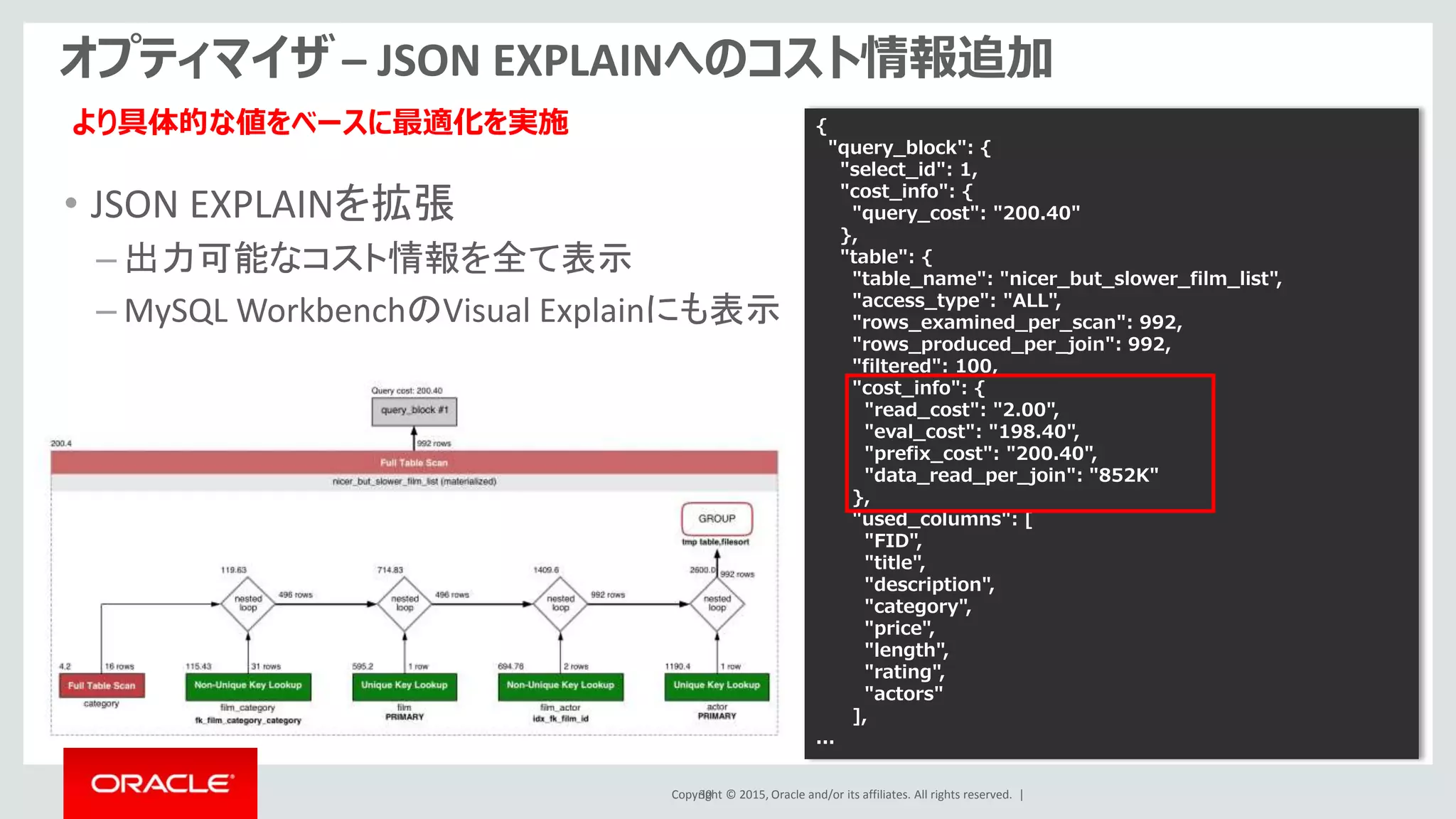 Copyright © 2015, Oracle and/or its affiliates. All rights reserved. |
オプティマイザ – JSON EXPLAINへのコスト情報追加
• JSON EXPLAINを拡張
– 出力可能なコスト情報を全て表示
– MySQL WorkbenchのVisual Explainにも表示
30
{
"query_block": {
"select_id": 1,
"cost_info": {
"query_cost": "200.40"
},
"table": {
"table_name": "nicer_but_slower_film_list",
"access_type": "ALL",
"rows_examined_per_scan": 992,
"rows_produced_per_join": 992,
"filtered": 100,
"cost_info": {
"read_cost": "2.00",
"eval_cost": "198.40",
"prefix_cost": "200.40",
"data_read_per_join": "852K"
},
"used_columns": [
"FID",
"title",
"description",
"category",
"price",
"length",
"rating",
"actors"
],
...
より具体的な値をベースに最適化を実施
 