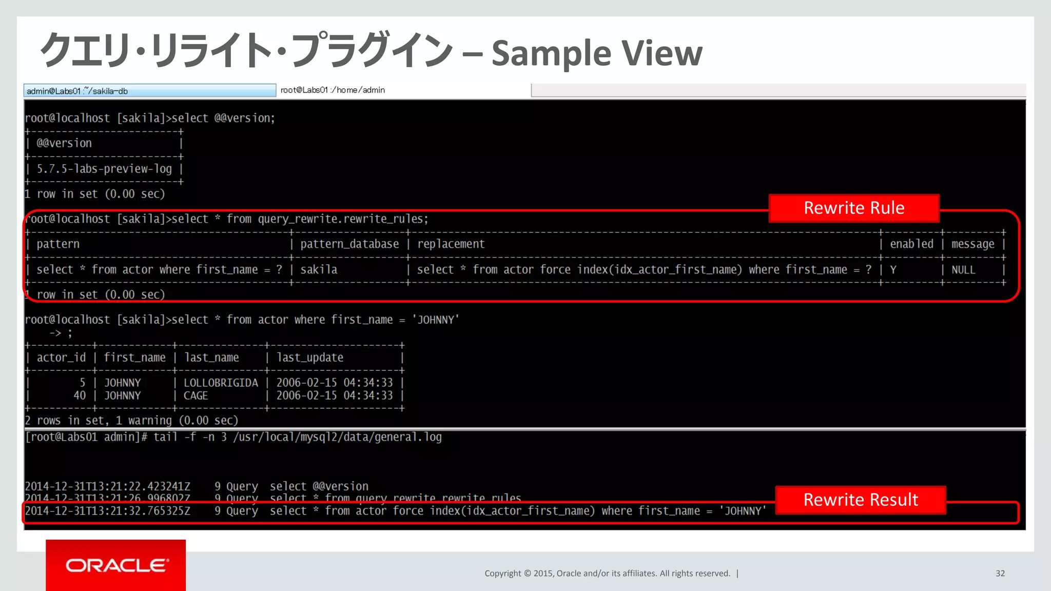 Copyright © 2015, Oracle and/or its affiliates. All rights reserved. | 32
クエリ・リライト・プラグイン – Sample View
Rewrite Rule
Rewrite Result
 