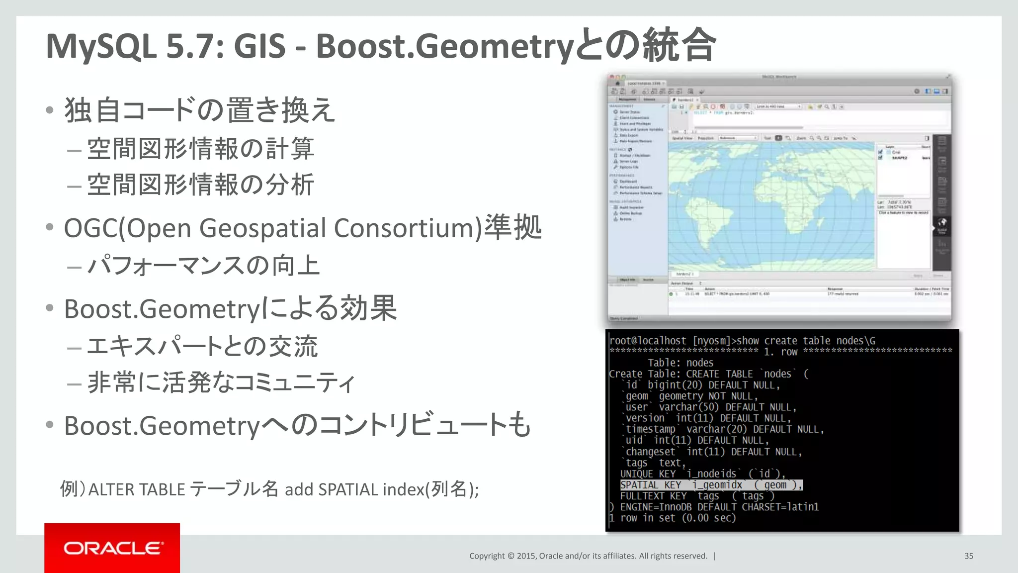 Copyright © 2015, Oracle and/or its affiliates. All rights reserved. |
• 独自コードの置き換え
– 空間図形情報の計算
– 空間図形情報の分析
• OGC(Open Geospatial Consortium)準拠
– パフォーマンスの向上
• Boost.Geometryによる効果
– エキスパートとの交流
– 非常に活発なコミュニティ
• Boost.Geometryへのコントリビュートも
MySQL 5.7: GIS - Boost.Geometryとの統合
35
例）ALTER TABLE テーブル名 add SPATIAL index(列名);
 