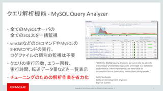 Copyright © 2015, Oracle and/or its affiliates. All rights reserved. |
クエリ解析機能 - MySQL Query Analyzer
• 全てのMySQLサーバの
全てのSQL文を一括監視
• vmstatなどのOSコマンドやMySQLの
SHOWコマンドの実行、
ログファイルの個別の監視は不要
• クエリの実行回数、エラー回数、
実行時間、転送データ量などを一覧表示
• チューニングのための解析作業を省力化
“With the MySQL Query Analyzer, we were able to identify
and analyze problematic SQL code, and triple our database
performance. More importantly, we were able to
accomplish this in three days, rather than taking weeks.”
Keith Souhrada
Software Development Engineer
Big Fish Games
15
 