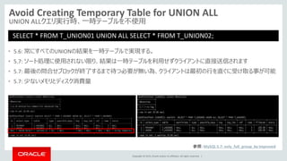 Copyright © 2015, Oracle and/or its affiliates. All rights reserved. |
Avoid Creating Temporary Table for UNION ALL
UNION ALLクエリ実行時、一時テーブルを不使用
SELECT * FROM T_UNION01 UNION ALL SELECT * FROM T_UNION02;
• 5.6: 常にすべてのUNIONの結果を一時テーブルで実現する。
• 5.7: ソート処理に使用されない限り、結果は一時テーブルを利用せずクライアントに直接送信されます
• 5.7: 最後の問合せブロックが終了するまで待つ必要が無い為、クライアントは最初の行を直ぐに受け取る事が可能
• 5.7: 少ないメモリとディスク消費量
参照：MySQL 5.7: only_full_group_by Improved
 