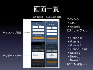 画面一覧
iOS の画像 Android の画像
サインアップ画面
バリデートエラー
もちろん、
・iOS
・Android
だけじゃなく、
・iPhone 4s
・iPhone 5
・iPhone 6
・iPhone 6 plus
・Nexus 4
・Nexus 5
・Nexus 6
なども可能なはず
 