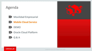 Copyright © 2015 Oracle and/or its affiliates. All rights reserved. |
Agenda
1
2
3
15
Movilidad Empresarial
Mobile Cloud Service
DEMO
Oracle Cloud Platform
Q & A
4
5
 