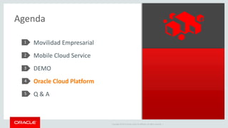 Copyright © 2015 Oracle and/or its affiliates. All rights reserved. |
Agenda
1
2
3
36
Movilidad Empresarial
Mobile Cloud Service
DEMO
Oracle Cloud Platform
Q & A
4
5
 