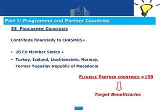 33 PROGRAMME COUNTRIES
Contribute financially to ERASMUS+
 28 EU Member States +
 Turkey, Iceland, Liechtenstein, Norway,
Former Yugoslav Republic of Macedonia
ELIGIBLE PARTNER COUNTRIES >150
Target Beneficiaries
Part I: Programme and Partner Countries
 