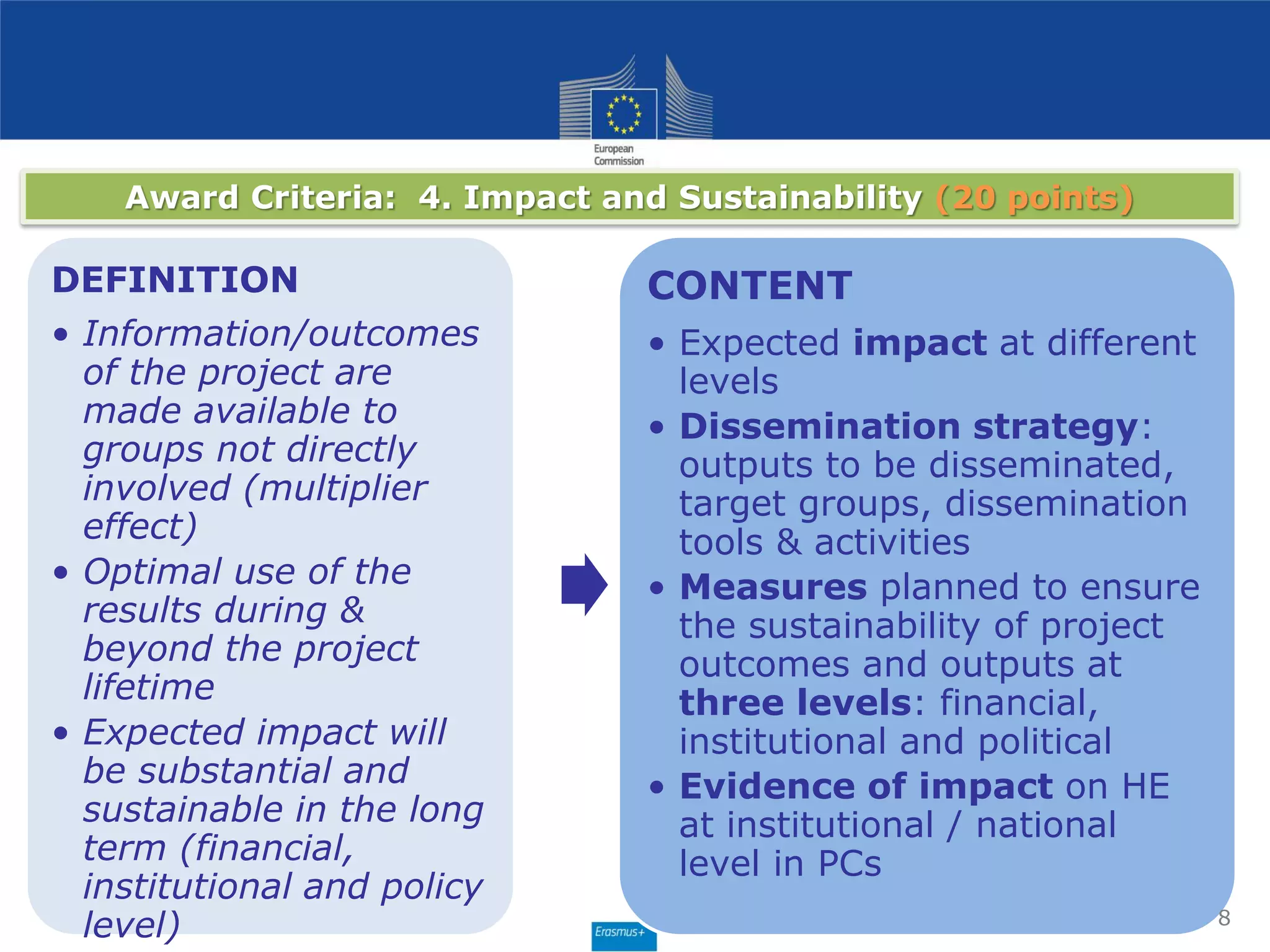 DEFINITION
• Information/outcomes
of the project are
made available to
groups not directly
involved (multiplier
effect)
• Optimal use of the
results during &
beyond the project
lifetime
• Expected impact will
be substantial and
sustainable in the long
term (financial,
institutional and policy
level)
CONTENT
• Expected impact at different
levels
• Dissemination strategy:
outputs to be disseminated,
target groups, dissemination
tools & activities
• Measures planned to ensure
the sustainability of project
outcomes and outputs at
three levels: financial,
institutional and political
• Evidence of impact on HE
at institutional / national
level in PCs
8
Award Criteria: 4. Impact and Sustainability (20 points)
 