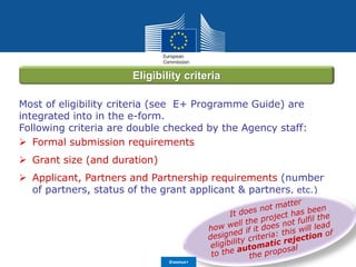 Date: in 12 ptsEducation
and Culture
Most of eligibility criteria (see E+ Programme Guide) are
integrated into in the e-form.
Following criteria are double checked by the Agency staff:
 Formal submission requirements
 Grant size (and duration)
 Applicant, Partners and Partnership requirements (number
of partners, status of the grant applicant & partners, etc.)
Eligibility criteria
Erasmus+
 