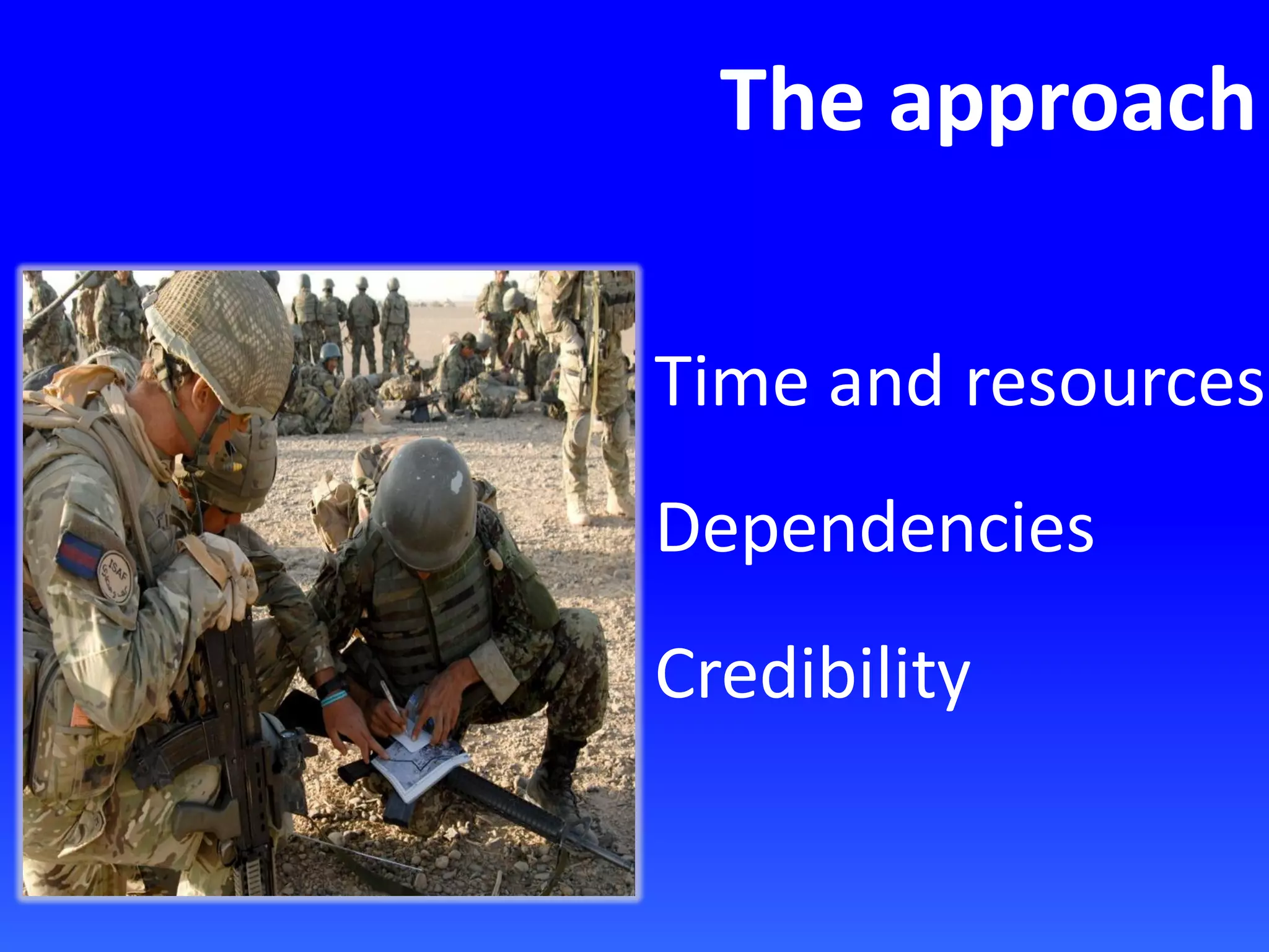 The approach
Time and resources
Dependencies
Credibility
 