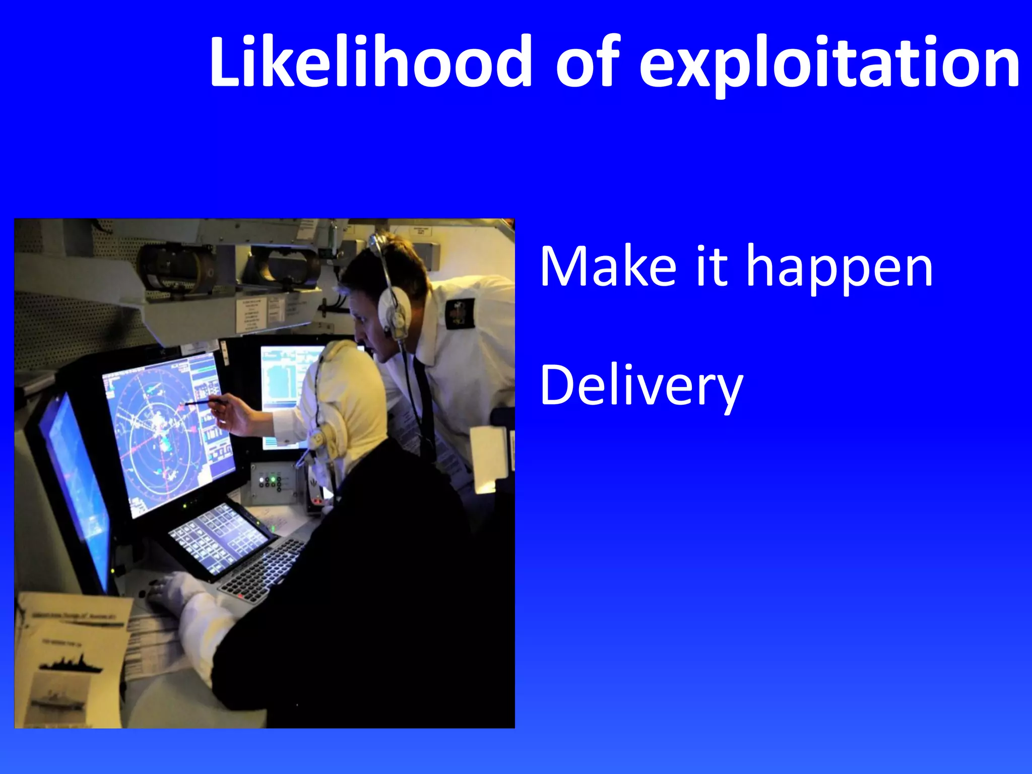 Likelihood of exploitation
Make it happen
Delivery
 