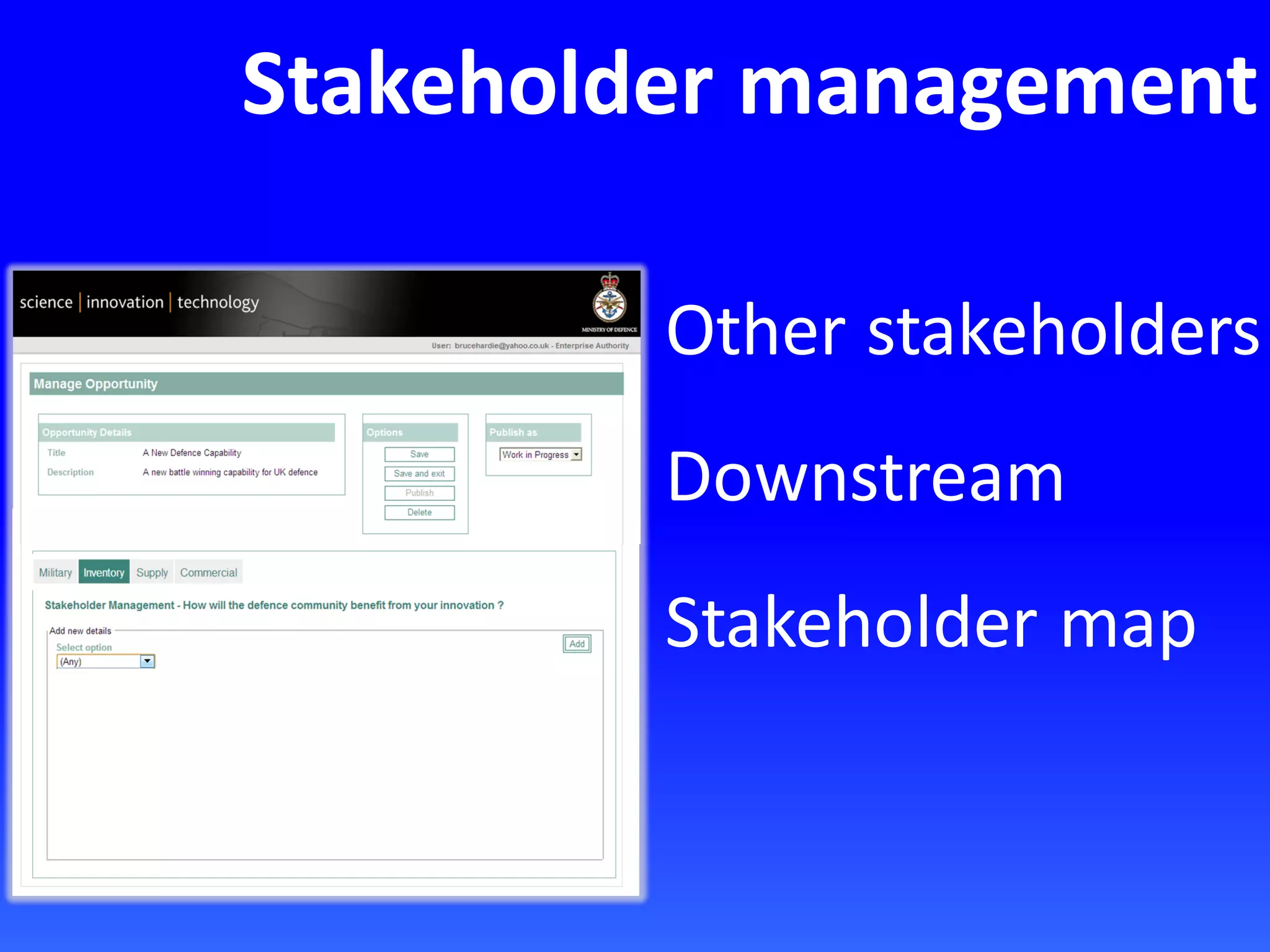 Stakeholder management
Other stakeholders
Downstream
Stakeholder map
 