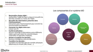 CONSEIL EN MANAGEMENT 5Copyright Beijaflore Group
Introduction :
Internet des Objets
1. Reconnaître chaque objet :
Authentifier l’objet de façon unique et recueillir les
données stockées au niveau de l’objet.
2. Recueillir des informations présentes dans
l’environnement :
Interaction avec l’environnement pour enrichir les
fonctionnalités du dispositif.
3. Connecter les objets entre eux :
Liaison sans fil.
4. Facilité d’utilisation :
Assurer l’échange d'informations entre différents
objets quels que soient les caractéristiques
matérielles et logicielles impliqués.
5. Stocker et analyser les données :
Business Intelligence, prise de décisions.
6. Transférer les données :
Transférer les données dans les mondes physiques
(Machines) et virtuels (VM, Cloud, …).
Authentification
Capteurs
Connexion Integration
Traitement des
données
Réseaux
Internet
des
Objets
Les composantes d’un système IdO
 