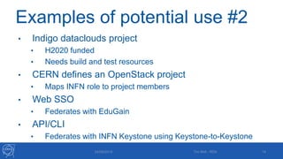 Examples of potential use #2
• Indigo dataclouds project
• H2020 funded
• Needs build and test resources
• CERN defines an OpenStack project
• Maps INFN role to project members
• Web SSO
• Federates with EduGain
• API/CLI
• Federates with INFN Keystone using Keystone-to-Keystone
24/09/2015 Tim Bell - RDA 14
 
