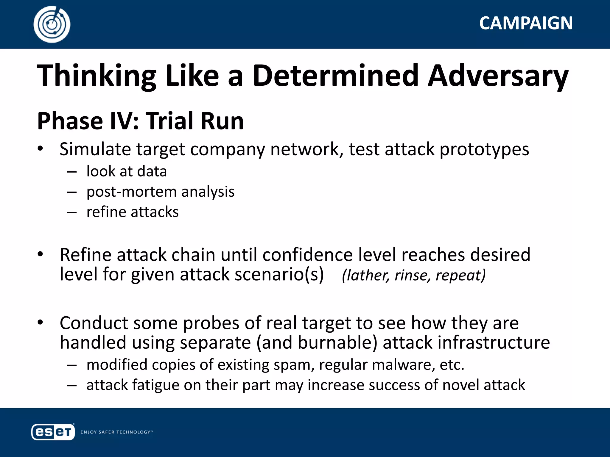 Thinking Like a Determined Adversary
CAMPAIGN
Phase IV: Trial Run
• Simulate target company network, test attack prototypes
– look at data
– post-mortem analysis
– refine attacks
• Refine attack chain until confidence level reaches desired
level for given attack scenario(s) (lather, rinse, repeat)
• Conduct some probes of real target to see how they are
handled using separate (and burnable) attack infrastructure
– modified copies of existing spam, regular malware, etc.
– attack fatigue on their part may increase success of novel attack
 