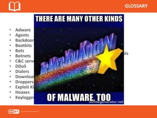 GLOSSARY
• Adware
• Agents
• Backdoor
• Bootkits
• Bots
• Botnets
• C&C servers
• DDoS
• Dialers
• Downloaders
• Droppers
• Exploit Kits
• Hoaxes
• Keyloggers
• Packers
• Phishes
• PUAs
• Ransomware
• Remote Access Tools
• Rootkits
• Spyware
• Trojans
• Viruses
• Web Injects
• Worms
• Zero-days
• Zombies
 