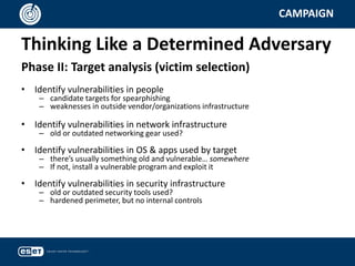 Thinking Like a Determined Adversary
CAMPAIGN
Phase II: Target analysis (victim selection)
• Identify vulnerabilities in people
– candidate targets for spearphishing
– weaknesses in outside vendor/organizations infrastructure
• Identify vulnerabilities in network infrastructure
– old or outdated networking gear used?
• Identify vulnerabilities in OS & apps used by target
– there’s usually something old and vulnerable… somewhere
– If not, install a vulnerable program and exploit it
• Identify vulnerabilities in security infrastructure
– old or outdated security tools used?
– hardened perimeter, but no internal controls
 