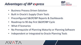 Advantages of IBP express
• Business Process Driven Solution
• Built in Oracle’s Supply Chain Tools
• Preconfigured S&OP/IBP Reports & Dashboards
• Roadmap to 90 day first S&OP/IBP Cycle
• What-If Scenarios
• No Prerequisite of Planning Maturity or Planning Software
• Independent or Integrated to Oracle Planning Tools
 