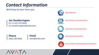 Contact Information
We’d love to hear from you.
Jim Heatherington
Phone
www.avata.com
www.LinkedIn.com/company/Avata
www.twitter.com/ValueChainGuru
www.facebook.com/avatainc
www.youtube.com/avatasupplychainmanagement
(C) +1 412-337-4642
jim.heatherington@avata.com
(303) 205-8461
Email
sales@avata.com
 