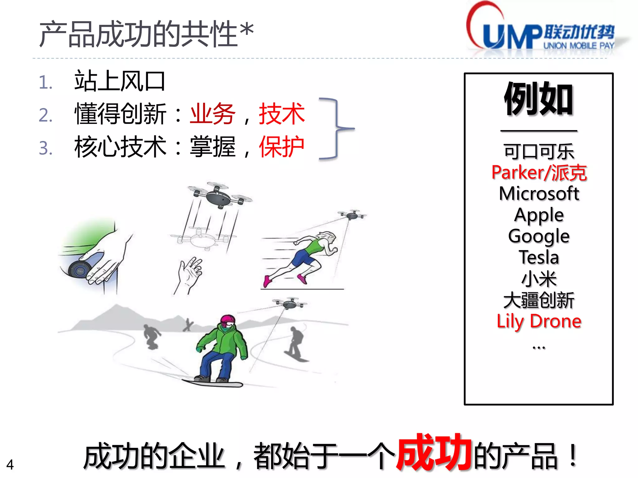 4
产品成功的共性*
1. 站上风口
2. 懂得创新：业务，技术
3. 核心技术：掌握，保护
成功的企业，都始于一个成功的产品！
例如
————
可口可乐
Parker/派克
Microsoft
Apple
Google
Tesla
小米
大疆创新
Lily Drone
…
 
