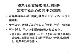 残された支援現場と理論を
架橋するための若干の課題
• 若年無業からの「回復」経路のモデル化と支援の
論理化	
  
• サポステ、民間プログラムの「効果」とデータ収集	
  
• データ「も」用いた支援の改善と形式知化。	
  
– 職人芸	
  vs	
  標準規格化	
  ⇒	
  データを用いた職人芸の形
式知化、支援者の支援技術学習コストの低減と論理
化。政策の効果改善へ。	
  
25
 