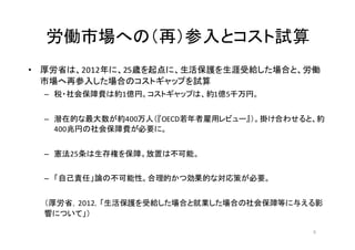 労働市場への（再）参入とコスト試算
• 厚労省は、2012年に、25歳を起点に、生活保護を生涯受給した場合と、労働
市場へ再参入した場合のコストギャップを試算
– 税・社会保障費は約1億円。コストギャップは、約1億5千万円。
– 潜在的な最大数が約400万人（『OECD若年者雇用レビュー』）。掛け合わせると、約
400兆円の社会保障費が必要に。
– 憲法25条は生存権を保障。放置は不可能。
– 「自己責任」論の不可能性。合理的かつ効果的な対応策が必要。
（厚労省，2012，「生活保護を受給した場合と就業した場合の社会保障等に与える影
響について」）
6
 