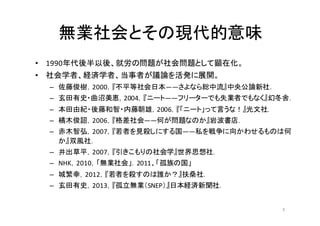 無業社会とその現代的意味
• 1990年代後半以後、就労の問題が社会問題として顕在化。
• 社会学者、経済学者、当事者が議論を活発に展開。
– 佐藤俊樹，2000，『不平等社会日本――さよなら総中流』中央公論新社．
– 玄田有史・曲沼美恵，2004，『ニート――フリーターでも失業者でもなく』幻冬舎．
– 本田由紀・後藤和智・内藤朝雄，2006，『「ニート」って言うな！』光文社．
– 橘木俊詔，2006，『格差社会――何が問題なのか』岩波書店．
– 赤木智弘，2007，『若者を見殺しにする国――私を戦争に向かわせるものは何
か』双風社．
– 井出草平，2007，『引きこもりの社会学』世界思想社．
– NHK，2010，「無業社会」．2011、「孤族の国」
– 城繁幸，2012，『若者を殺すのは誰か？』扶桑社．
– 玄田有史，2013，『孤立無業（SNEP）』日本経済新聞社．
9
 