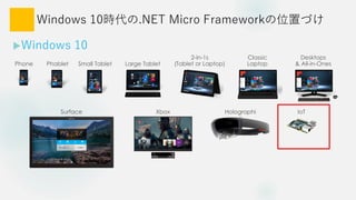 Windows 10r.NET Micro FrameworkλäŤ
?Windows 10
Phone Small Tablet
2-in-1s
(Tablet or Laptop)
Desktops
& All-in-OnesPhablet Large Tablet
Classic
Laptop
Xbox IoTSurface
Hub
Holographi
c
 