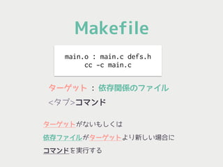 Makefile
main.o : main.c defs.h
cc -c main.c
ターゲット : 依存関係のファイル 
<タブ>コマンド
ターゲットがないもしくは
依存ファイルがターゲットより新しい場合に
コマンドを実行する
 