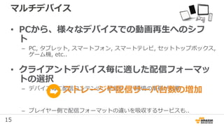 15
マルチデバイス
• PCから、様々なデバイスでの動画再生へのシフ
ト
– PC, タブレット, スマートフォン, スマートテレビ, セットトップボックス,
ゲーム機, etc..
• クライアントデバイス毎に適した配信フォーマッ
トの選択
– デバイス毎に配信コンテンツ、配信サーバ環境の準備が必要
– プレイヤー側で配信フォーマットの違いを吸収するサービスも..
ストレージや配信サーバ台数の増加
 