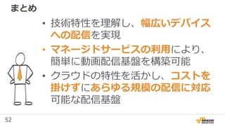 52
まとめ
• 技術特性を理解し、幅広いデバイス
への配信を実現
• マネージドサービスの利用により、
簡単に動画配信基盤を構築可能
• クラウドの特性を活かし、コストを
掛けずにあらゆる規模の配信に対応
可能な配信基盤
 