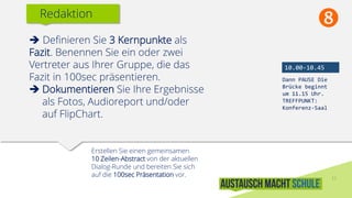 12
 Definieren Sie 3 Kernpunkte als
Fazit. Benennen Sie ein oder zwei
Vertreter aus Ihrer Gruppe, die das
Fazit in 100sec präsentieren.
 Dokumentieren Sie Ihre Ergebnisse
als Fotos, Audioreport und/oder
auf FlipChart.
Erstellen Sie einen gemeinsamen
10 Zeilen-Abstract von der aktuellen
Dialog-Runde und bereiten Sie sich
auf die 100sec Präsentation vor.
Redaktion
10.00-10.45
Dann PAUSE Die
Brücke beginnt
um 11.15 Uhr.
TREFFPUNKT:
Konferenz-Saal

 