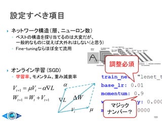 ネットワーク構造（層、ニューロン数）
◦ ベストの構造を探り当てるのは大変だが、
一般的なものに従えば大外れはしない（と思う）
◦ Fine-tuningならほぼ全て流用
 オンライン学習 (SGD)
◦ 学習率、モメンタム、重み減衰率
101
11
1




ttt
tt
VWW
LVV 
W
tV
L


調整必須
マジック
ナンバー？
 