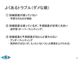 ① 訓練誤差が減っていない
◦ 学習そのものが破綻
② 訓練誤差は減っているが、予測誤差が非常に大きい
◦ 過学習（オーバーフィッティング）
③ 訓練誤差と予測誤差がほとんど変わらない
◦ アンダーフィッティング
◦ 致命的ではないが、もったいない（もっと精度を上げられる）
105
 