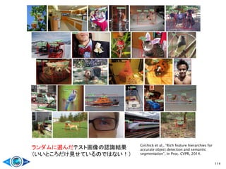 114
ランダムに選んだテスト画像の認識結果
（いいところだけ見せているのではない！）
Girshick et al., “Rich feature hierarchies for
accurate object detection and semantic
segmentation”, In Proc. CVPR, 2014.
 