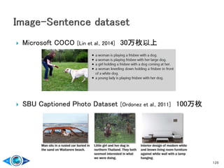  Microsoft COCO [Lin et al., 2014] 30万枚以上
 SBU Captioned Photo Dataset [Ordonez et al., 2011] 100万枚
120
 