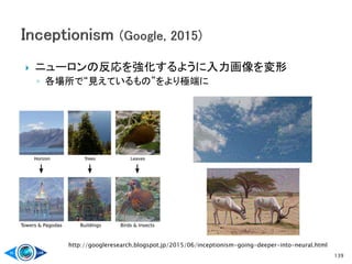  ニューロンの反応を強化するように入力画像を変形
◦ 各場所で“見えているもの”をより極端に
139
http://googleresearch.blogspot.jp/2015/06/inceptionism-going-deeper-into-neural.html
 