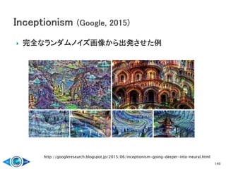  完全なランダムノイズ画像から出発させた例
140
http://googleresearch.blogspot.jp/2015/06/inceptionism-going-deeper-into-neural.html
 