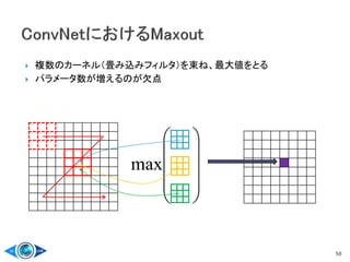 50
 複数のカーネル（畳み込みフィルタ）を束ね、最大値をとる
 パラメータ数が増えるのが欠点










max
 