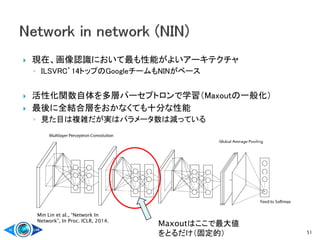  現在、画像認識において最も性能がよいアーキテクチャ
◦ ILSVRC’14トップのGoogleチームもNINがベース
 活性化関数自体を多層パーセプトロンで学習（Maxoutの一般化）
 最後に全結合層をおかなくても十分な性能
◦ 見た目は複雑だが実はパラメータ数は減っている
51
Maxoutはここで最大値
をとるだけ（固定的）
Min Lin et al., “Network In
Network”, In Proc. ICLR, 2014.
 