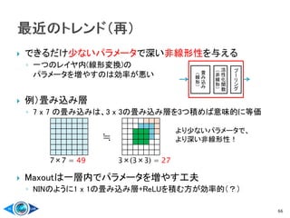  できるだけ少ないパラメータで深い非線形性を与える
◦ 一つのレイヤ内(線形変換)の
パラメータを増やすのは効率が悪い
 例）畳み込み層
◦ 7 x 7 の畳み込みは、3 x 3の畳み込み層を3つ積めば意味的に等価
 Maxoutは一層内でパラメータを増やす工夫
◦ NINのように1 x 1の畳み込み層+ReLUを積む方が効率的（？）
66
≒
活
性
化
関
数
（
非
線
形
）
畳
み
込
み
（
線
形
）
プ
ー
リ
ン
グ
7×7 = 49 3×(3×3) = 27
より少ないパラメータで、
より深い非線形性！
 